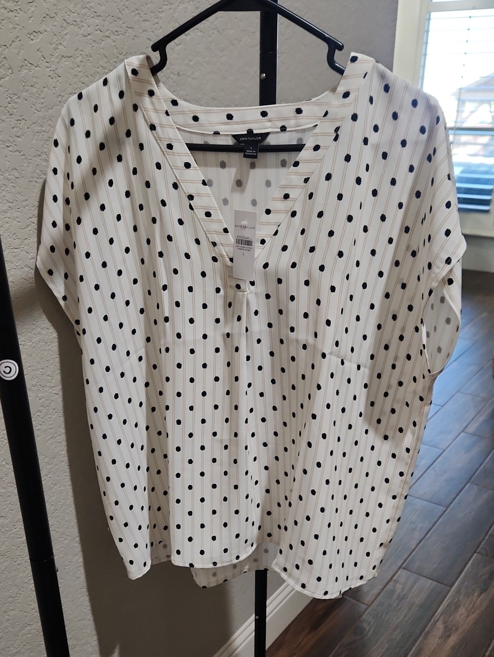 Ann Taylor Cream and Black Polka Dot Tan Striped, Mixed Media V-Neck Blouse